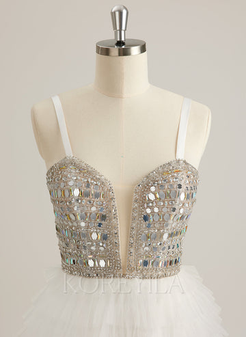 Ball-Gown/Princess Sweetheart V-Neck Sweep Train Tulle Prom Dresses With Rhinestone Sequins Beading